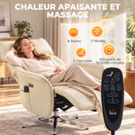 Sillón Relax Eléctrico Giratorio con Masaje y Calefacción, Reclinable de PU, Altura Ajustable, Doble Motor, Crema