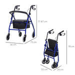 Déambulateur 4 roues - déambulateur pliable léger - assise + dossier rembourré - poignées ergonomiques, freins à main - panier rangement - métal bleu