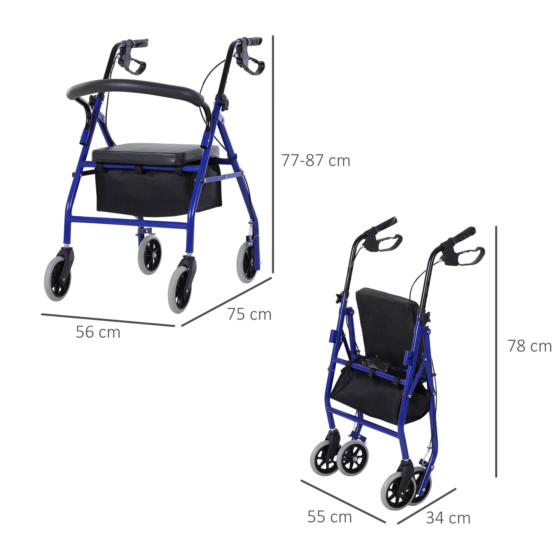 Déambulateur 4 roues - déambulateur pliable léger - assise + dossier rembourré - poignées ergonomiques, freins à main - panier rangement - métal bleu