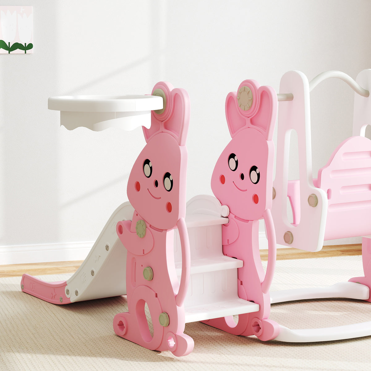 Scivolo e altalena 4 in 1 per bambini con canestro da basket, scivolo, altalena, 147,5x160x107cm, rosa