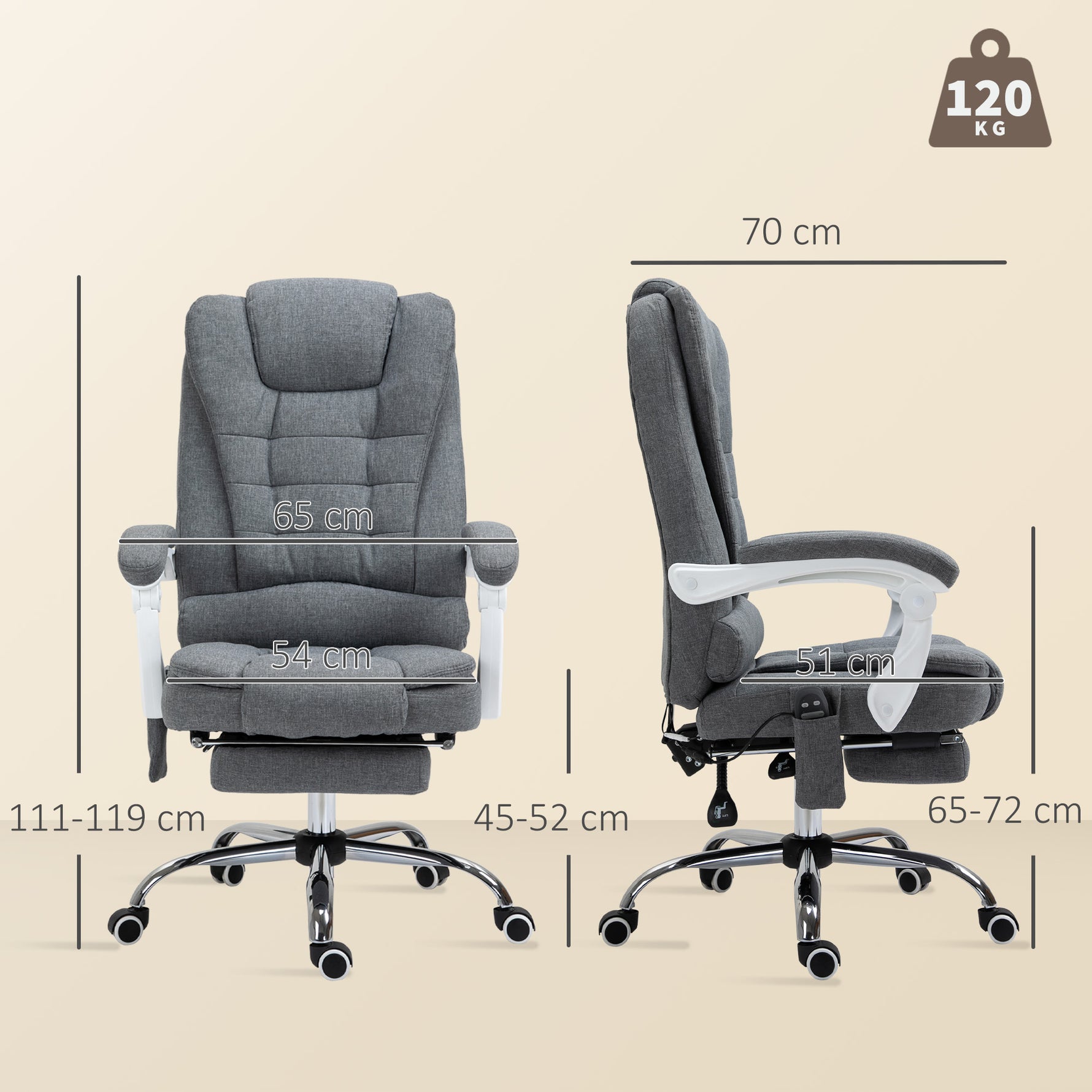 Fauteuil de bureau direction massant chauffant hauteur réglable dossier inclinable toile de lin gris