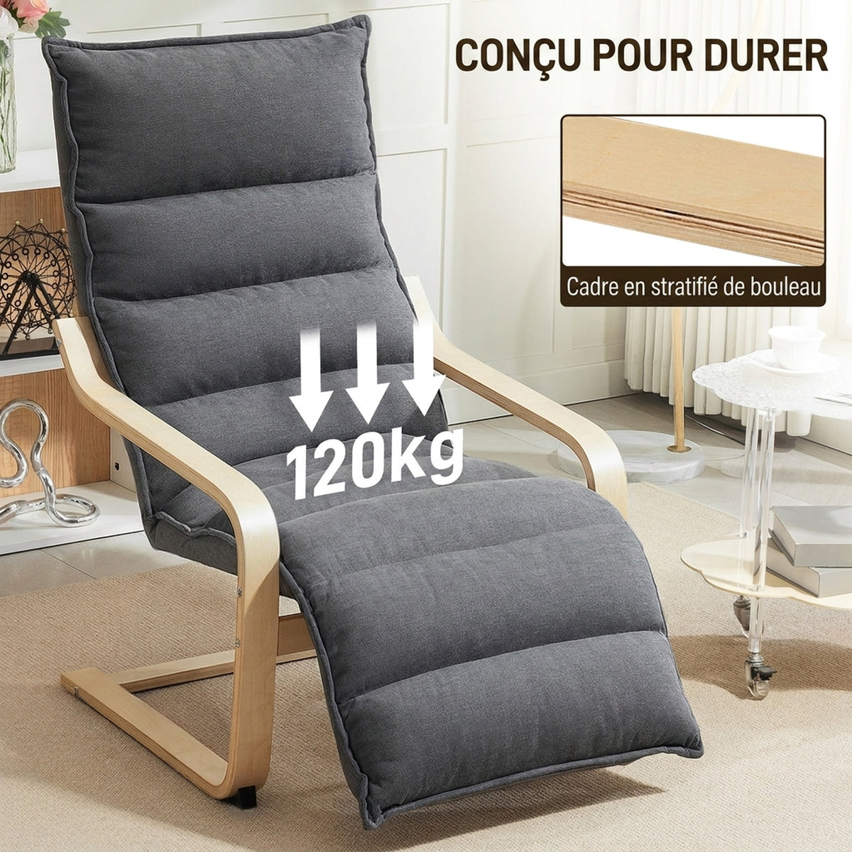 Fauteuil salon, fauteuil d'appoint rembourré en velours, repose-pieds réglable, structure en acier, 67x93x105cm, gris foncé