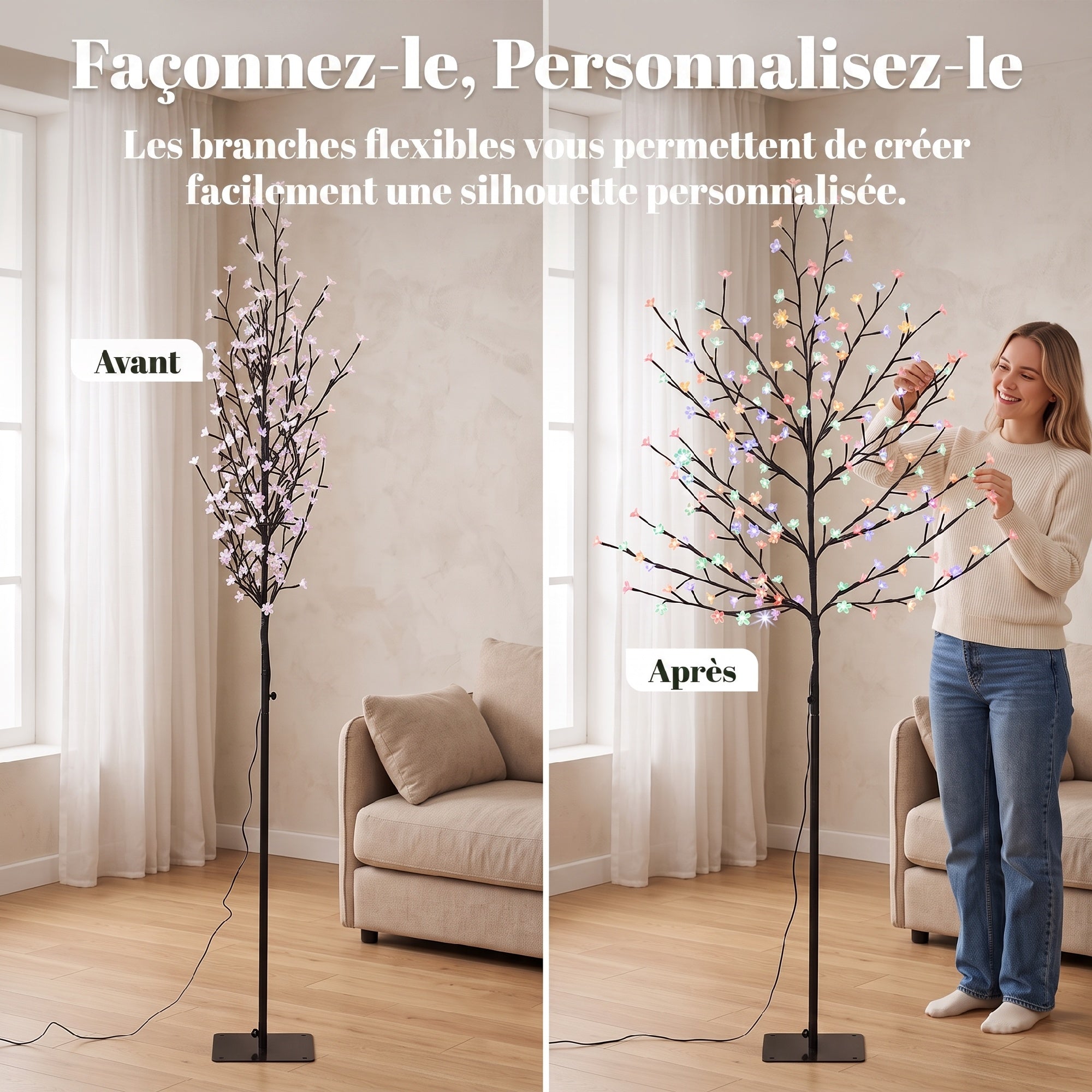 180cm Lighted Cherry Blossom Tree, Artificial LED Tree with 200 LEDs and 20 Flexible Branches, Indoor and Outdoor Decoration