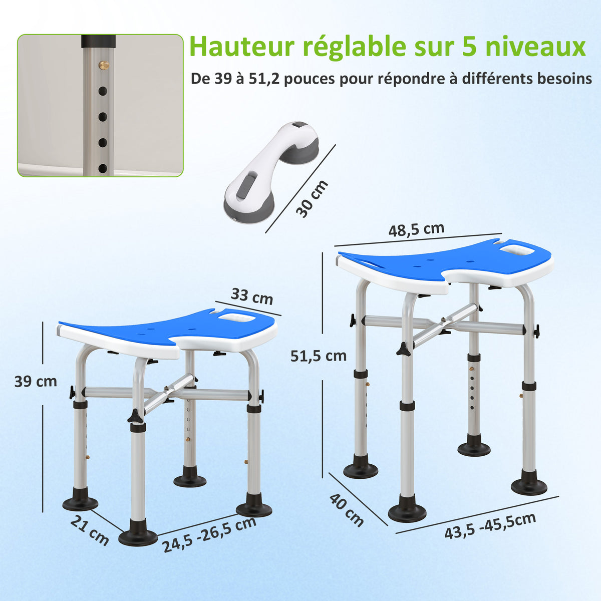 Tabouret de douche siège de douche hauteur ajustable 39-51,5 cm barre d'appui à ventouse patins à ventouse bleu foncé