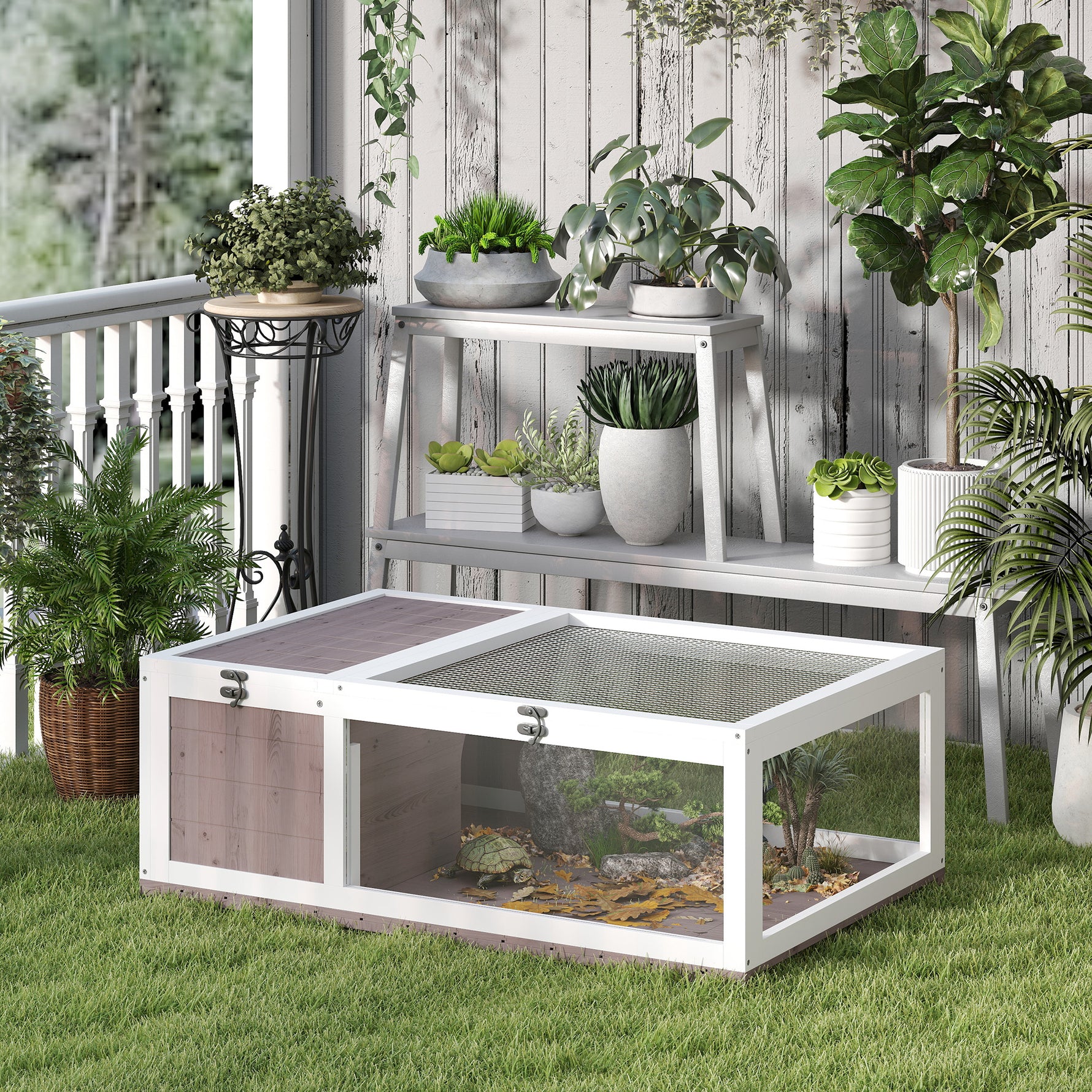 Maison enclos cage habitat pour petit animal tortues avec 2 espaces 91 x 60,5 x 32 cm bois massif marron clair