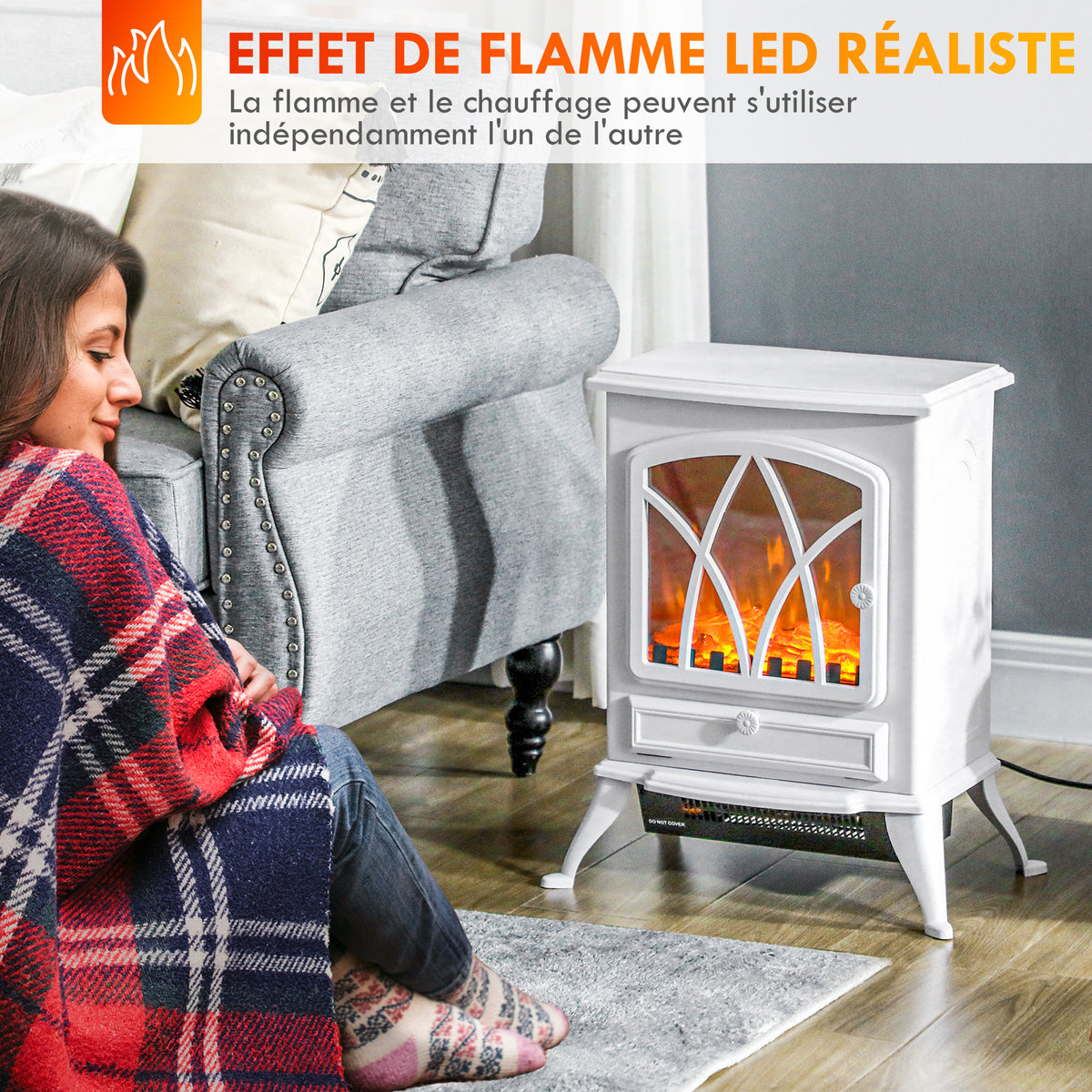 Cheminée électrique sur pied 1000/2000 W, fausse cheminée décorative avec effet flamme LED, blanc