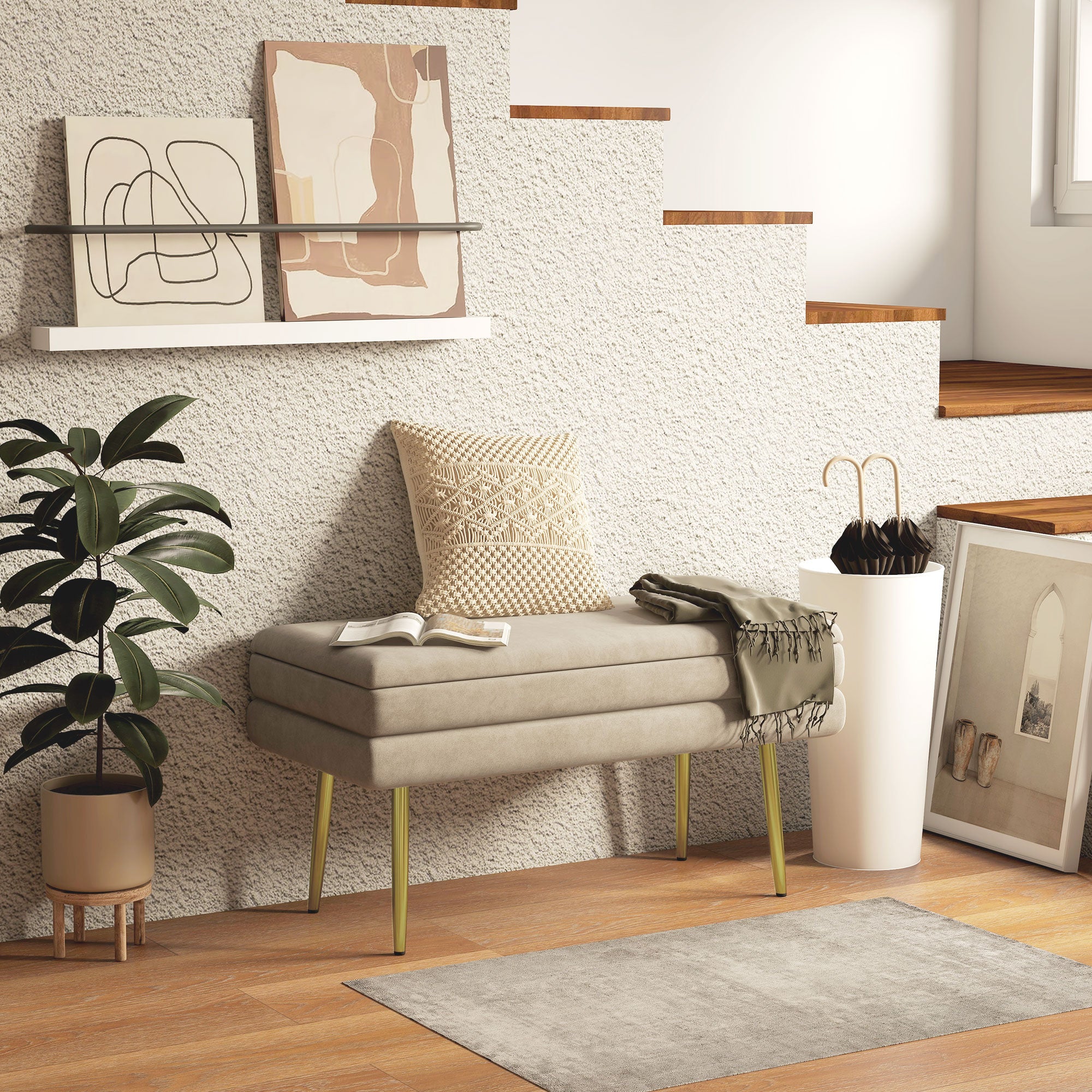 Bank Truhenbank mit Stauraum 2-in-1, Sitzfläche in Samt-Optik und Stahlfüße - 79,5B x 37,5T x 43H cm beige und goldfarben