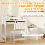 Ensemble bureau et chaise pour enfant 3 à 8 ans avec compartiments et étagères ouverts, blanc