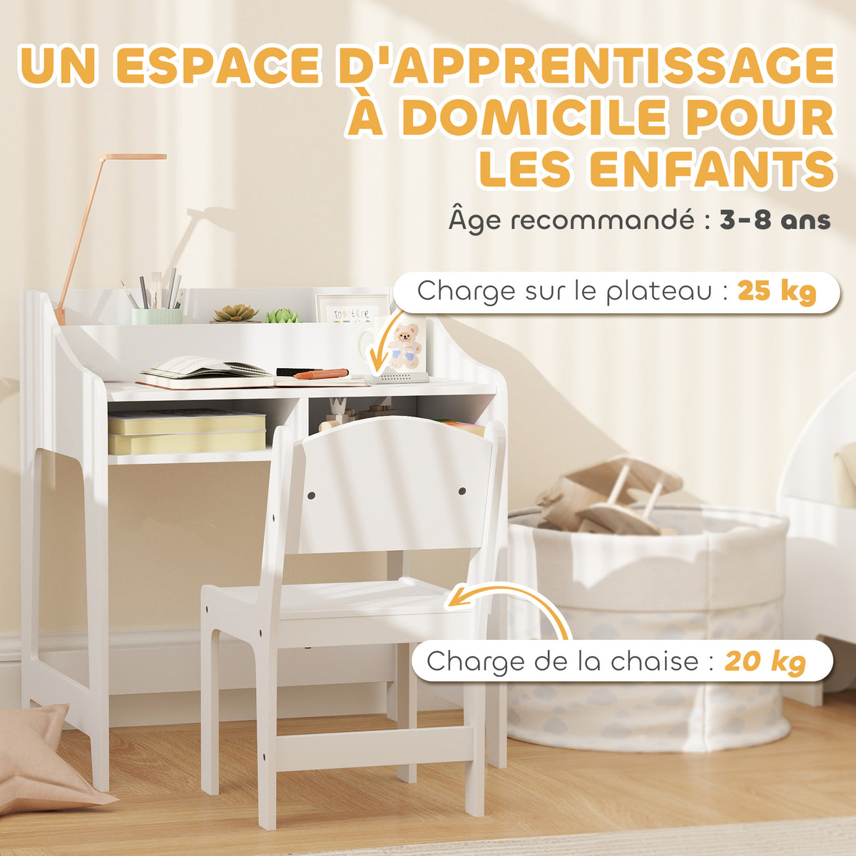 Ensemble bureau et chaise pour enfant 3 à 8 ans avec compartiments et étagères ouverts, blanc