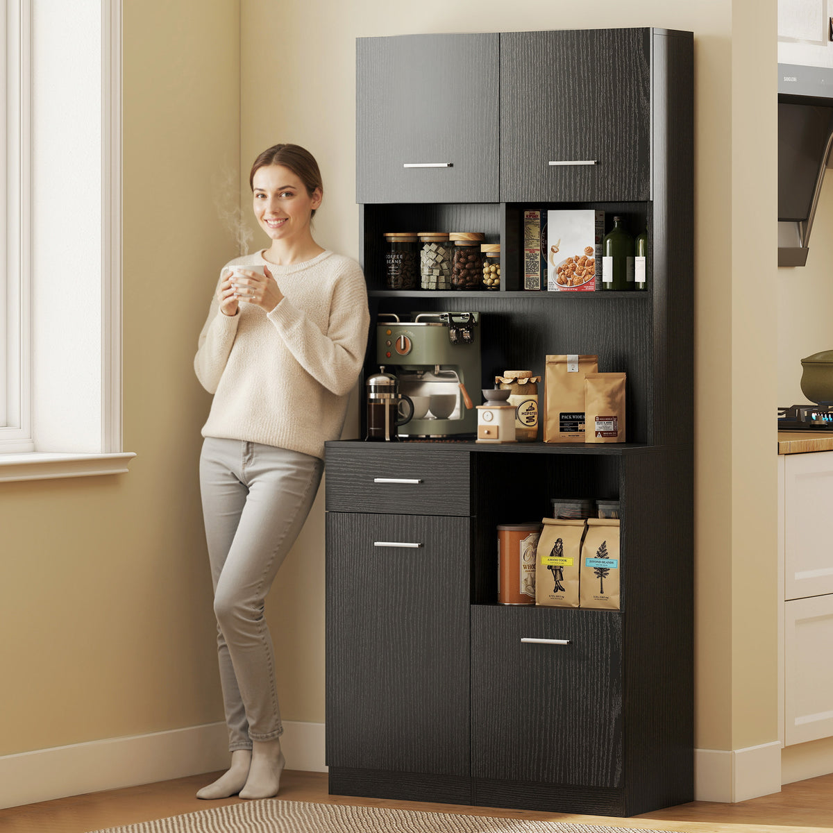 Buffet Haut Cuisine, Armoire de Cuisine avec 4 Portes à Fermeture Douce, Tiroir et Étagères Réglables, Noir