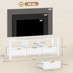 Meuble TV 152 cm, meuble télé pour téléviseur 65 pouces avec 3 tiroirs et 3 étagères ouvertes, 152x39,5x50cm, blanc