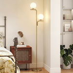 Lampadaire sur Pied Salon à Double Tête, Lampe sur Pied avec 3 Températures de Lumière, Abat-Jour en Verre, Doré