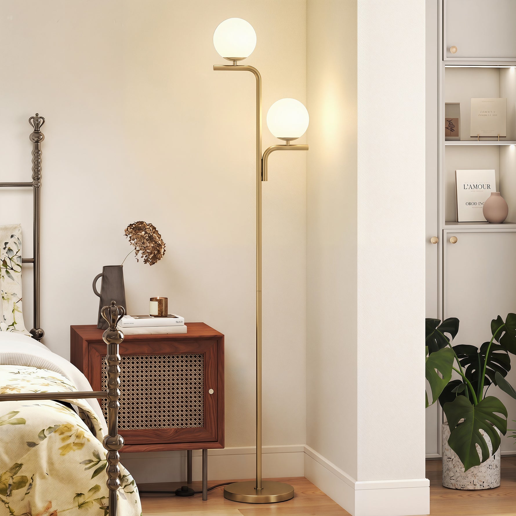 Lampadaire sur Pied Salon à Double Tête, Lampe sur Pied avec 3 Températures de Lumière, Abat-Jour en Verre, Doré