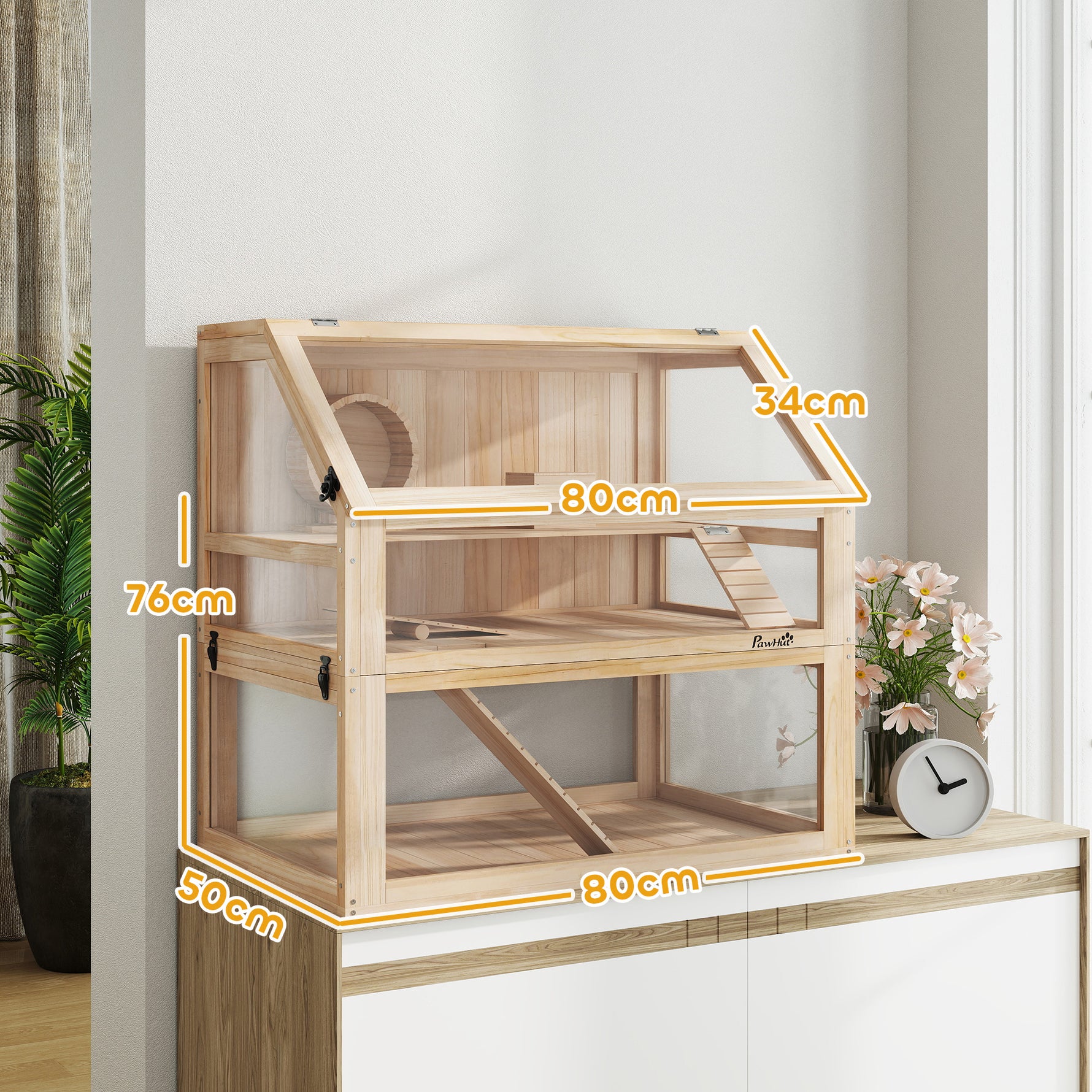 Cage hamster rongeur à 3 niveaux fond amovible de 31 cm de profondeur cabane balançoire 80x50x76cm finition bois naturel