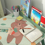 Set tavolo e sedia per bambini con portalibri, motivi orsetto, per bambini dai 3 agli 8 anni, verde