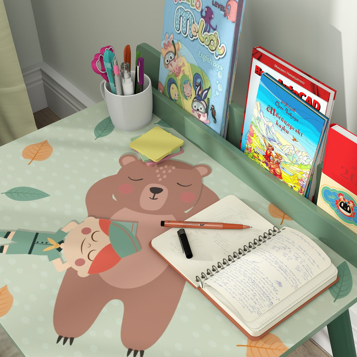 Set tavolo e sedia per bambini con portalibri, motivi orsetto, per bambini dai 3 agli 8 anni, verde