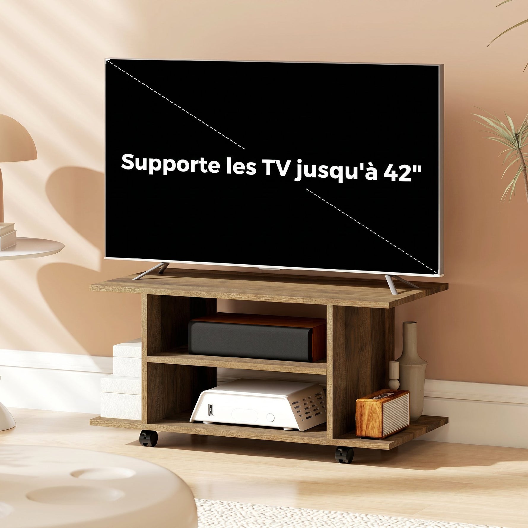 Meuble TV avec roulettes 80 cm, meuble télé pour téléviseur jusqu'à 42 pouces avec étagères ouvertes, noyer