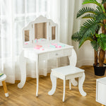 Coiffeuse Enfant avec Tabouret, Coiffeuse Bureau 2 en 1 Miroir triptyque et tiroir Coulissant Blanc Acrylique