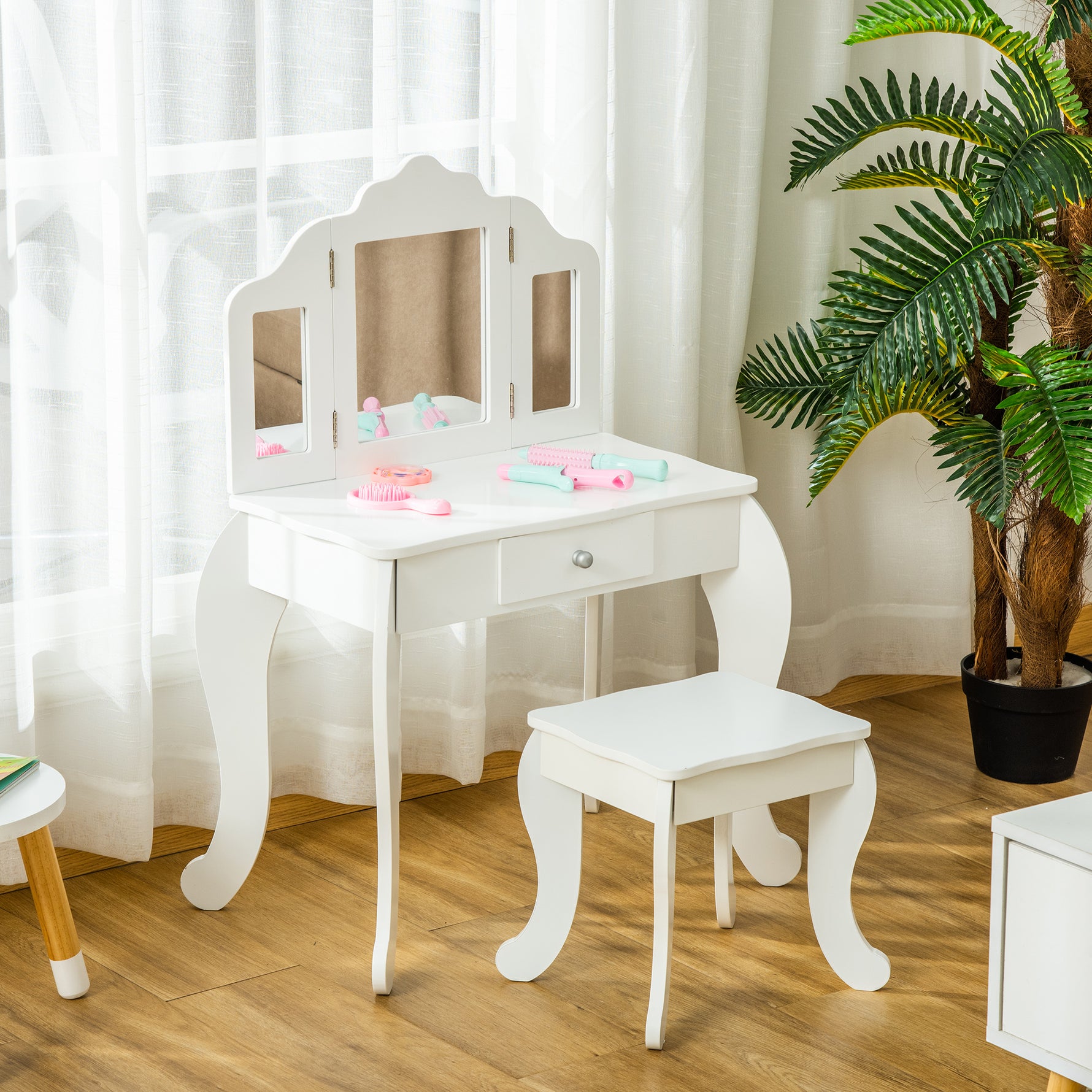 Coiffeuse Enfant avec Tabouret, Coiffeuse Bureau 2 en 1 Miroir triptyque et tiroir Coulissant Blanc Acrylique