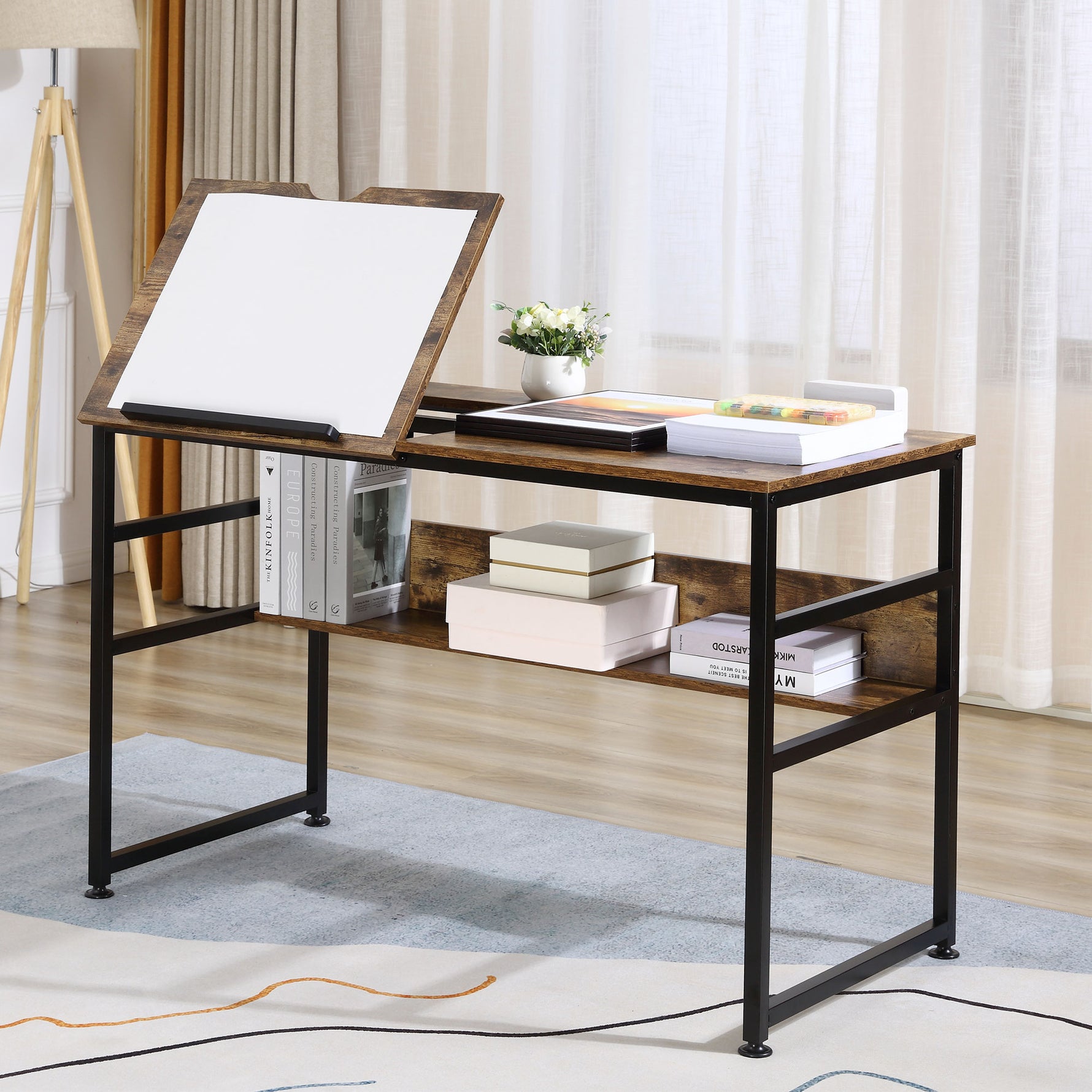 Table à dessin inclinable bureau informatique design industriel - plateau relevable, étagère - panneaux particules aspect vieux bois métal noir