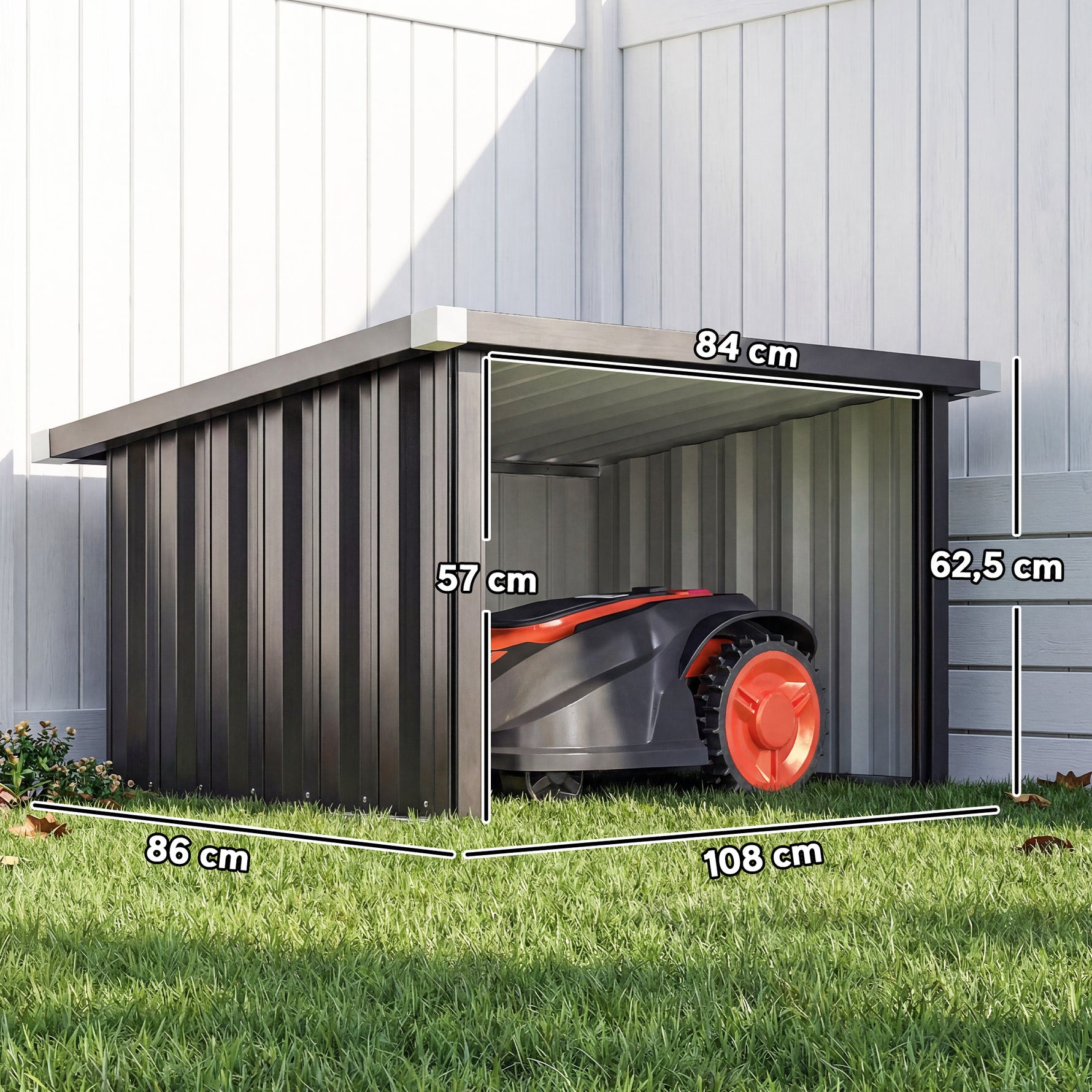 Abri Robot Tondeuse Garage pour Robot Tondeuse avec Toit incliné en acier galvanisé, 108 x 86 x 62,5 cm, gris foncé