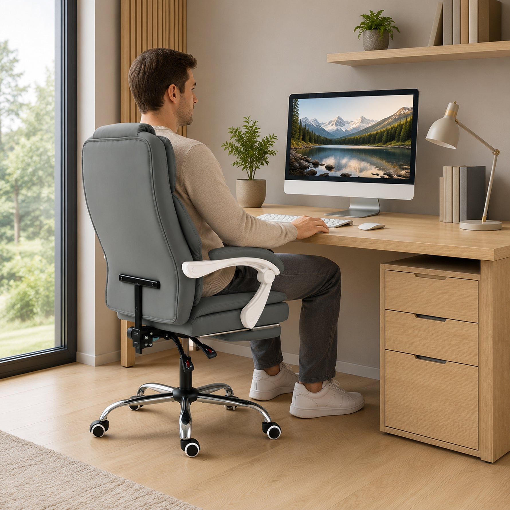 Chaise Bureau Ergonomique, Fauteuil de Bureau Inclinable en Cuir Synthétique Adapté aux Animaux, Hauteur Réglable, Gris
