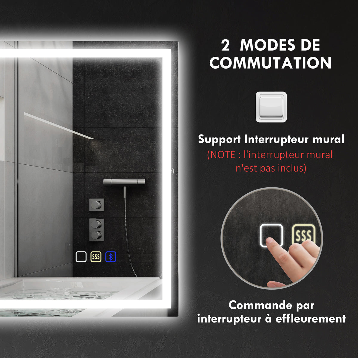 Miroir salle de bain LED bluetooth 80 x 100 cm interrupteur tactile lumière réglable 3 couleurs anti-buée mémoire argent