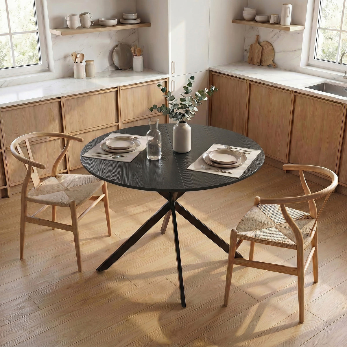 Table à Manger Ronde pour 4 Personnes 100 cm, Style Industriel avec Plateau Aspect Bois, Piètement Croisé en Acier, Noir