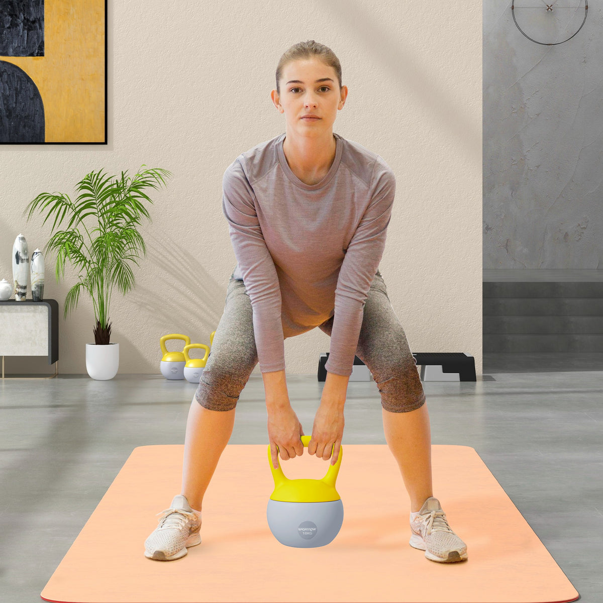 Kettlebell 10kg haltère avec poignée antidérapante pour fitness musculation cardio, gris et jaune