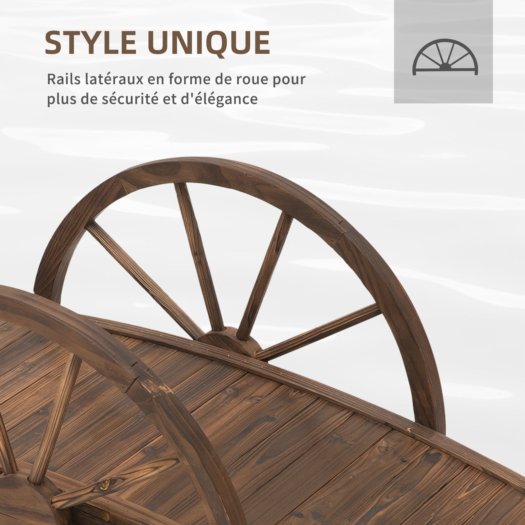 Pont de jardin en bois, avec balustrade à demi-roues charge max. 150 KG, 100 x 50 x 37 cm, marron