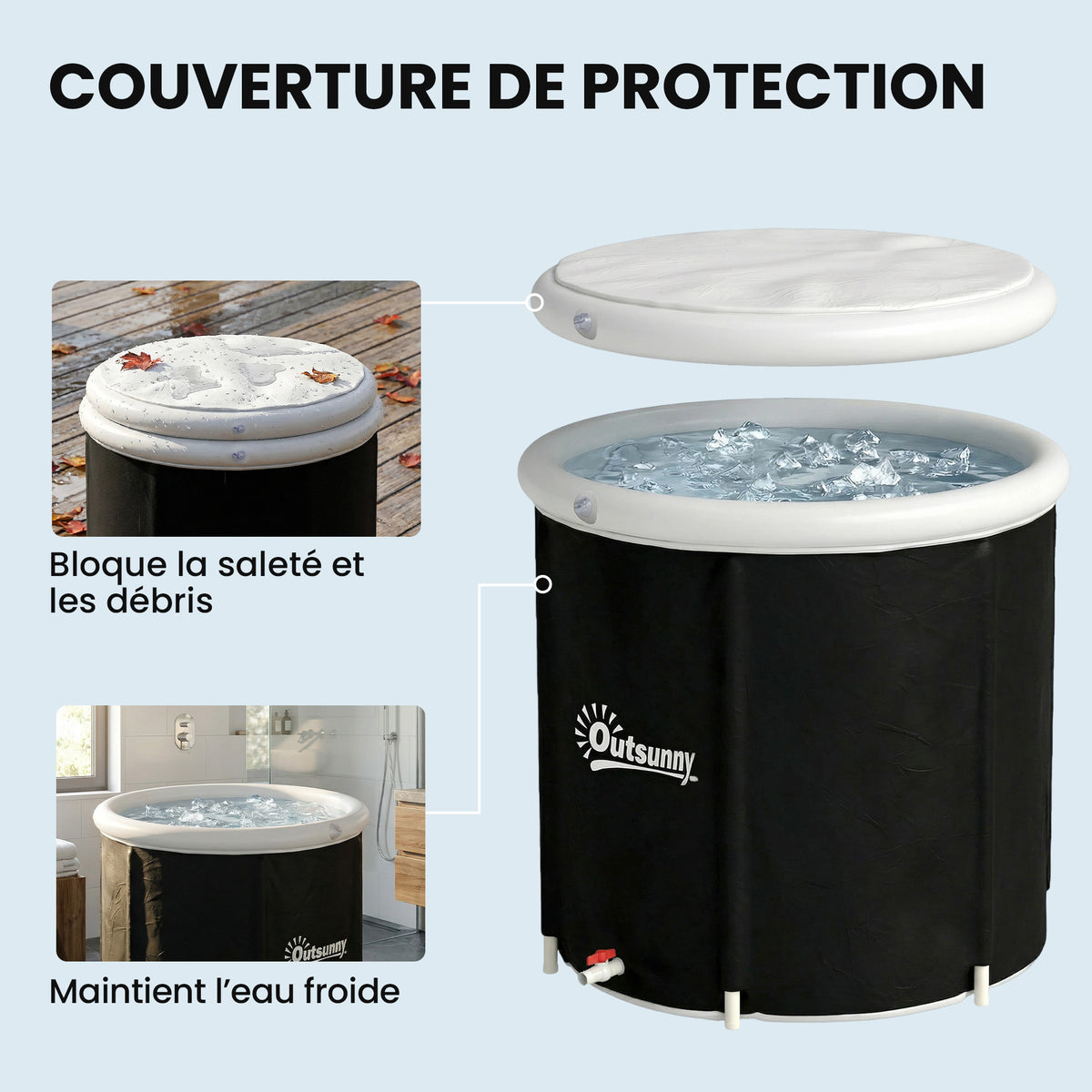 Baignoire à Glace Pliable Gonflable 280 L avec Couvercle et Pompe pour Entraînement à l'Eau Froide, 78x78x71 cm, Noir