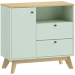 Buffet salon, meuble de rangement avec porte, 2 tiroirs, compartiment ouvert et étagère réglable, vert clair et chêne
