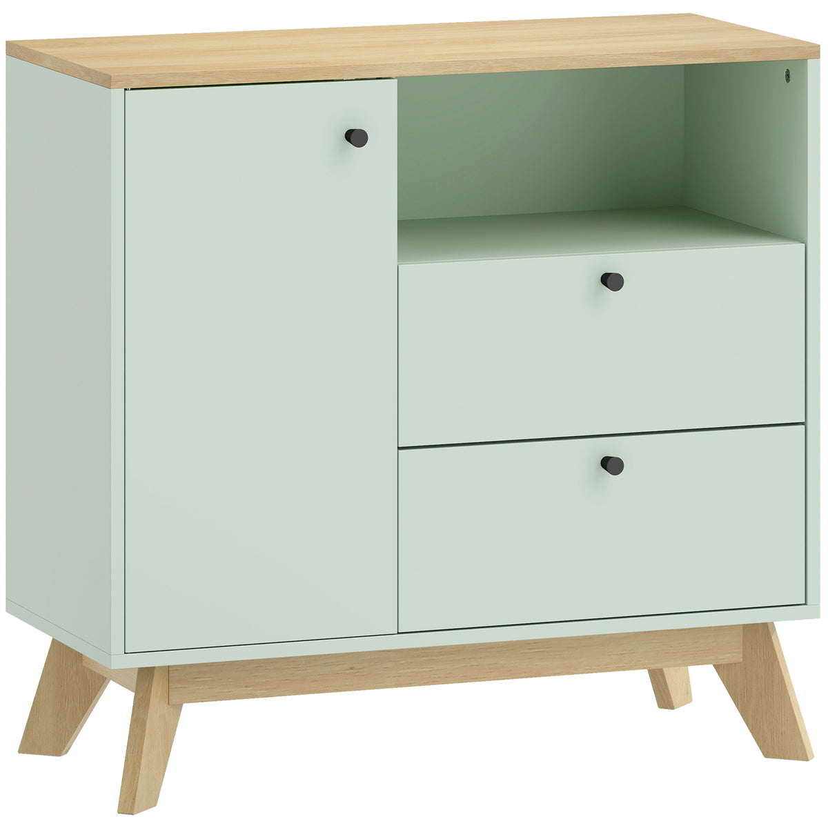 Buffet salon, meuble de rangement avec porte, 2 tiroirs, compartiment ouvert et étagère réglable, vert clair et chêne