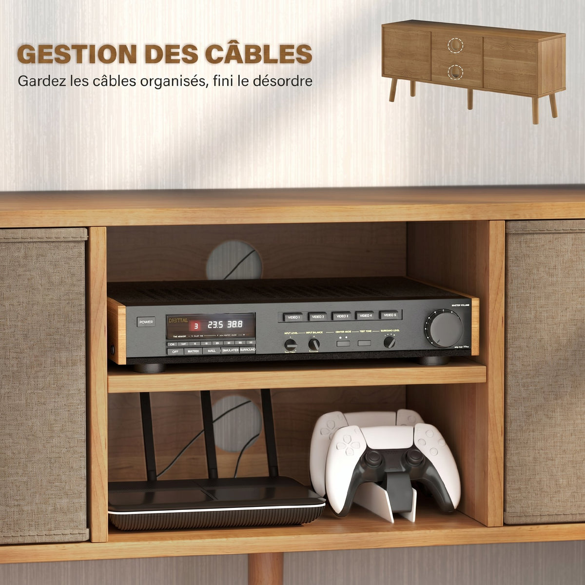 Meuble TV bas sur pieds style contemporain avec 2 tiroirs en tissu dim. 110L x 29l x 46,5H cm - passe-câbles - MDF