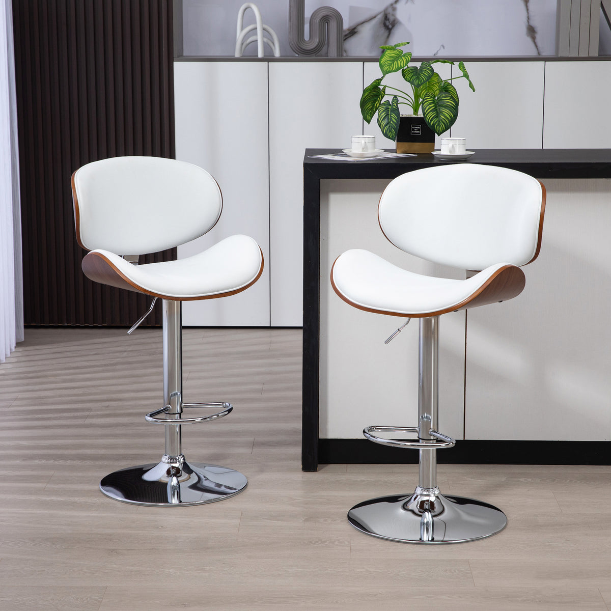 Set of 2 adjustable height bar stools, synthetic upholstery, 53 x 52 x 92-112 cm, white