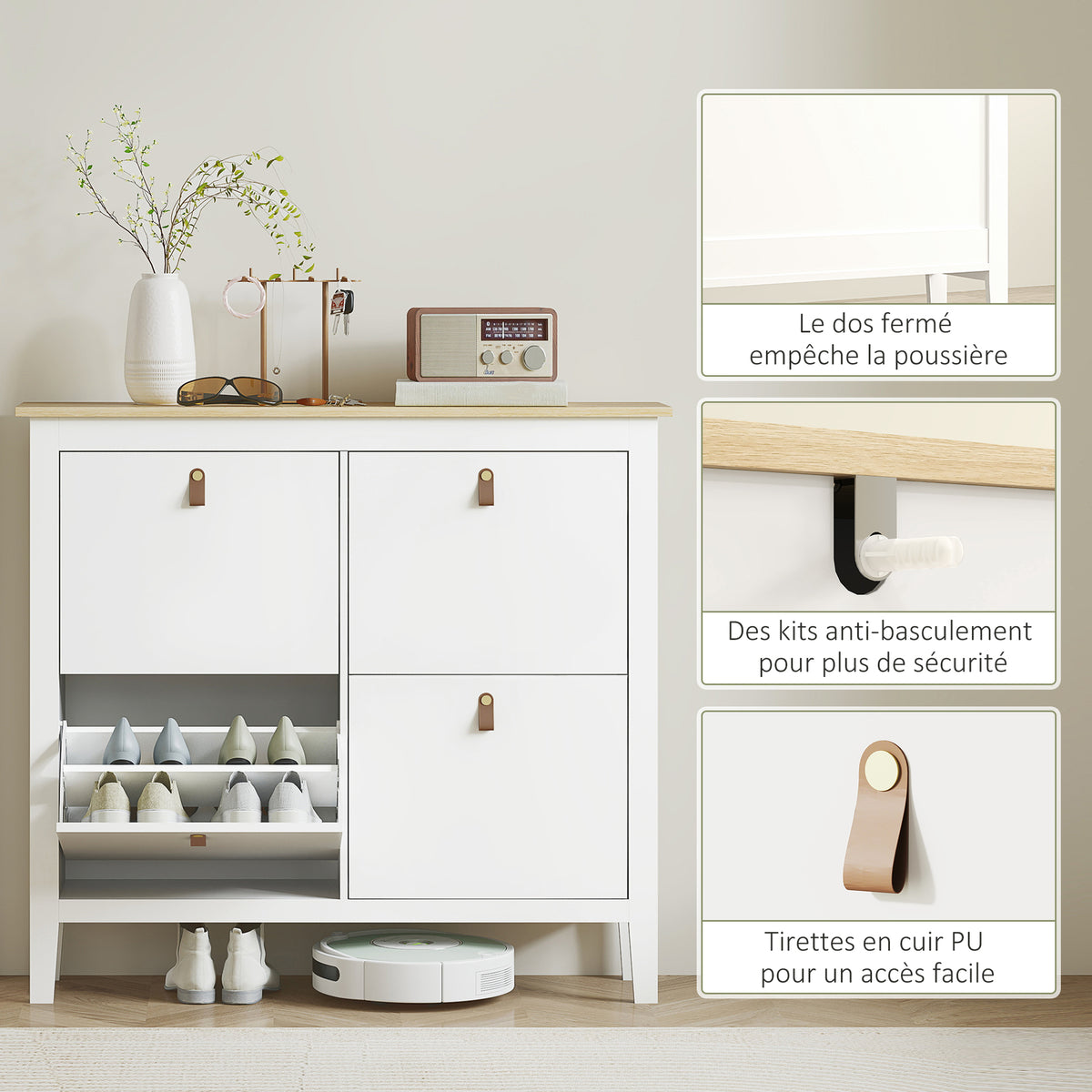 Meuble à chaussures 20 paires avec 4 tiroirs, portes rabattables, étagères amovibles et réglables, blanc