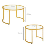 Lot de 2 tables basses gigognes rondes plateau verre trempé et pied en acier au carbone doré