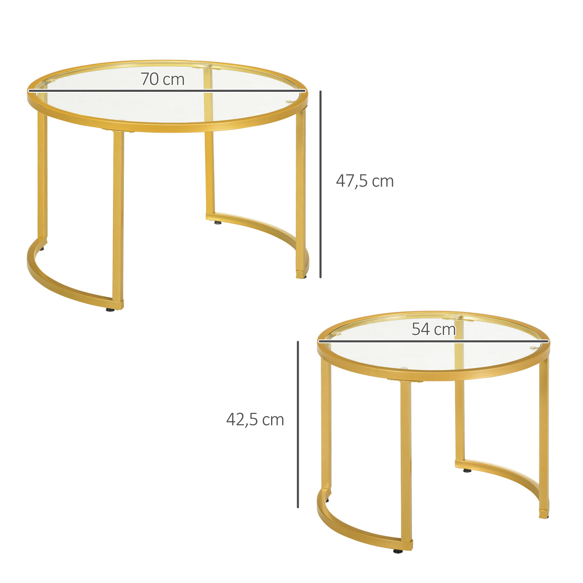 Lot de 2 tables basses gigognes rondes plateau verre trempé et pied en acier au carbone doré