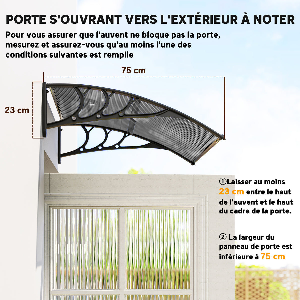 Auvent de porte d'entrée, toit marquise de porte exterieur en polycarbonate et aluminium résistante 100 x 75 cm noir