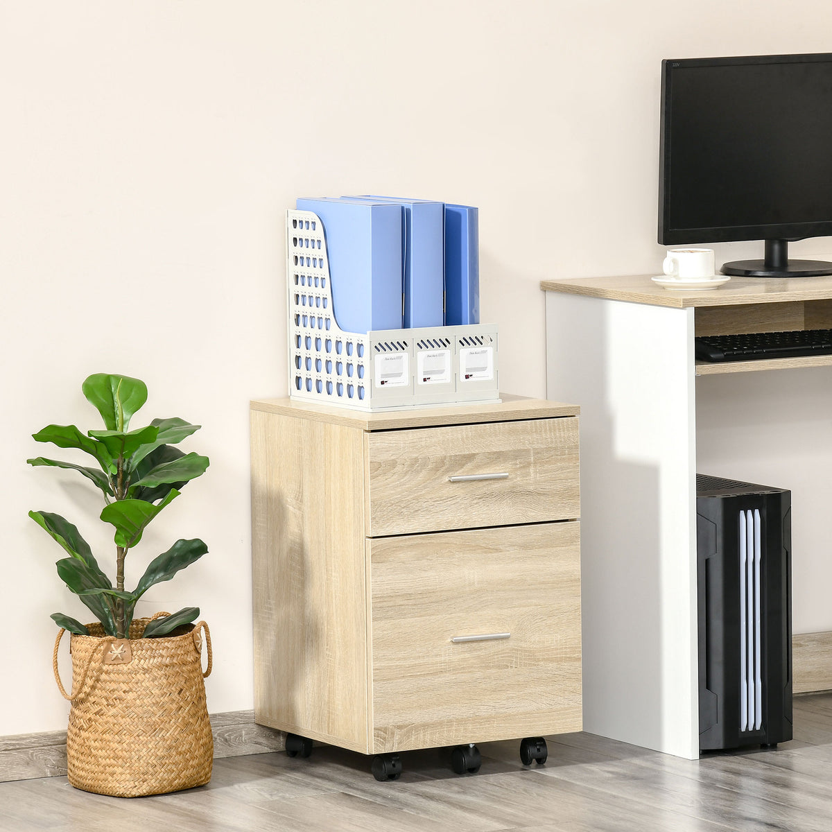 Cajonera de oficina, archivador móvil de 2 cajones con 5 ruedas, de aglomerado, 39,5 x 39 x 58,5 cm
