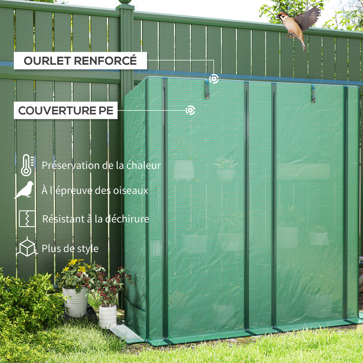 Serre de jardin avec étagères métalliques à 3 niveaux serre de balcon couverture PE toit incliné 144 x 48 x 152 cm vert
