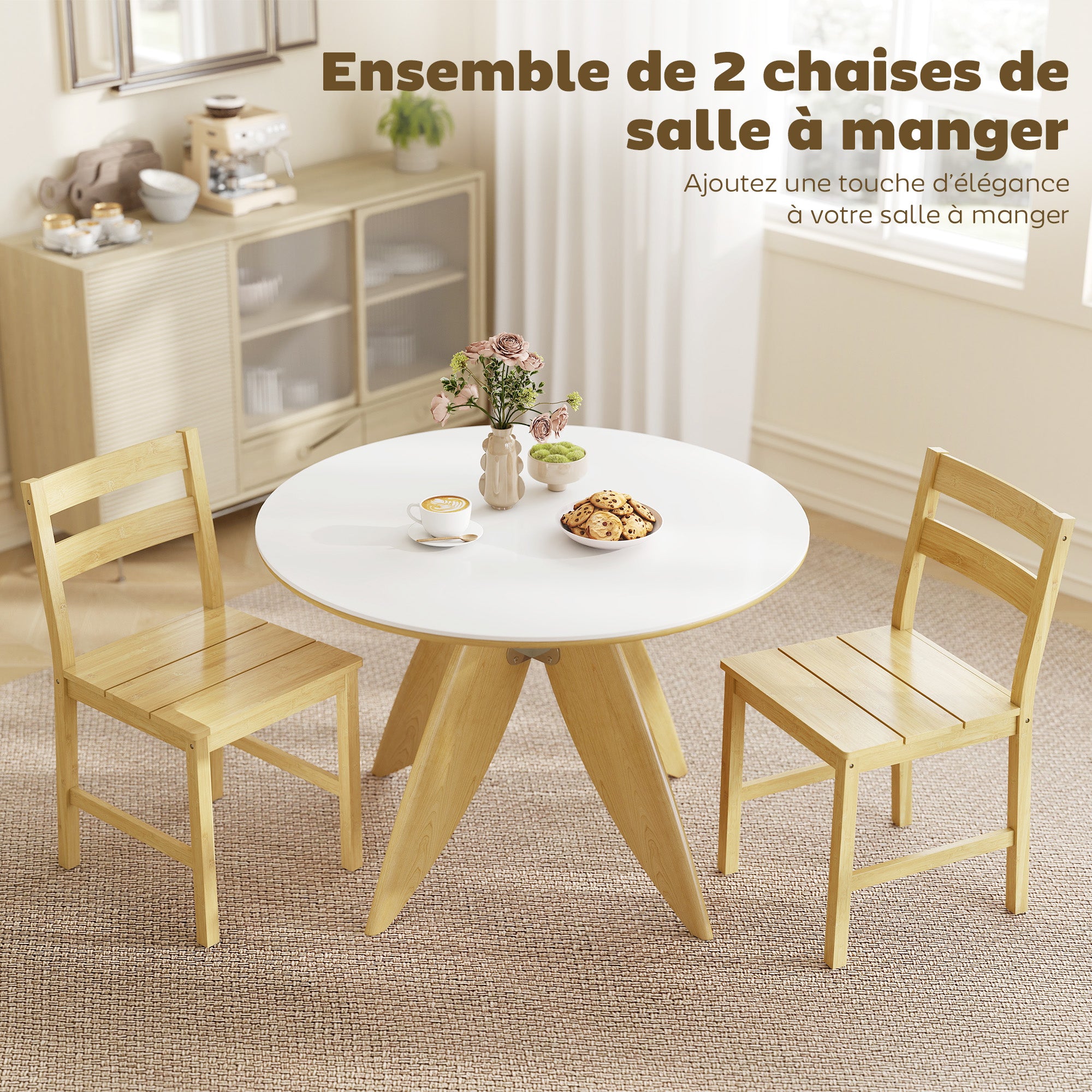 Lot de 2 chaises de salle à manger en bambou, chaises de cuisine sans accoudoirs avec assise à lattes, bois naturel