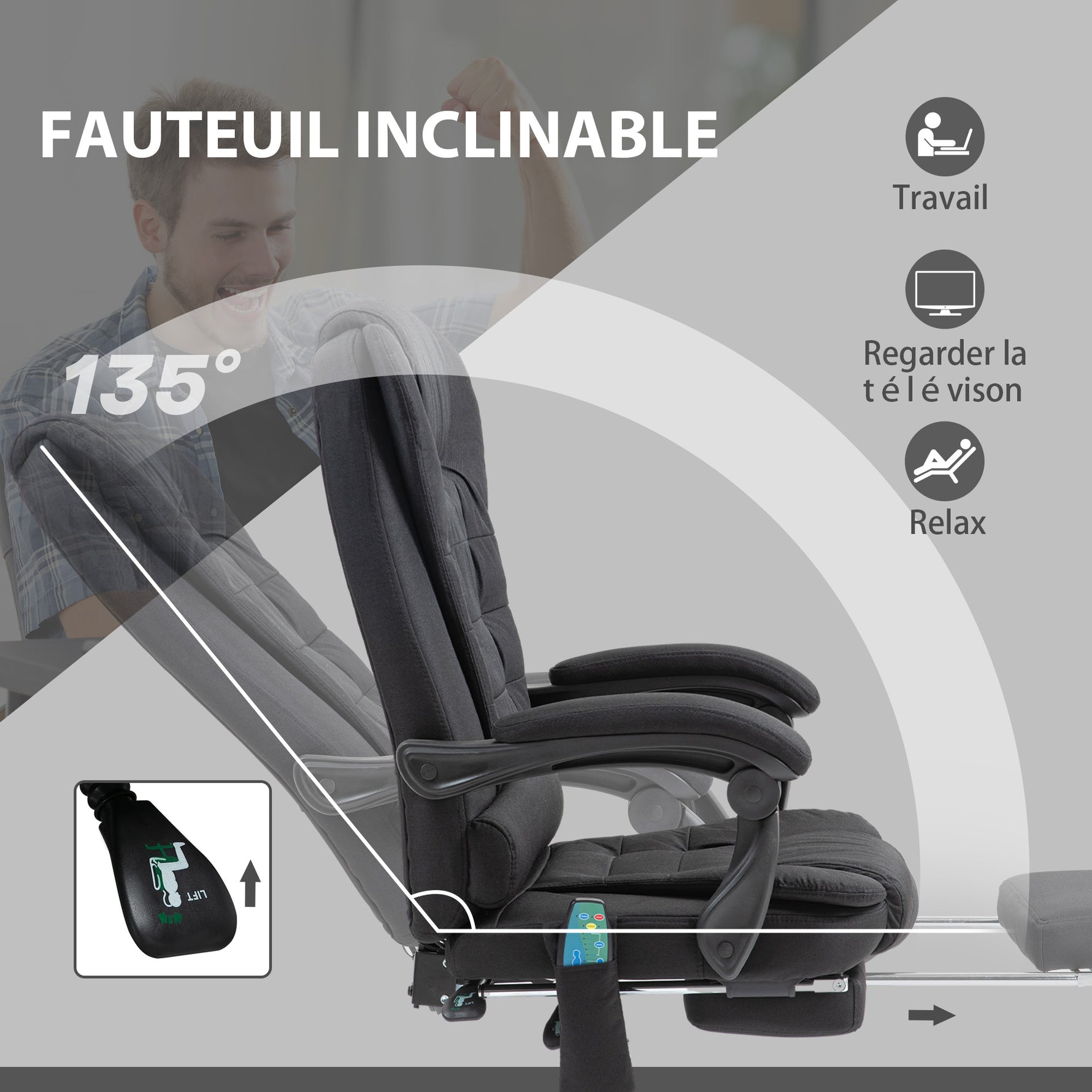 Fauteuil de bureau direction massant chauffant hauteur réglable dossier inclinable toile de lin noir