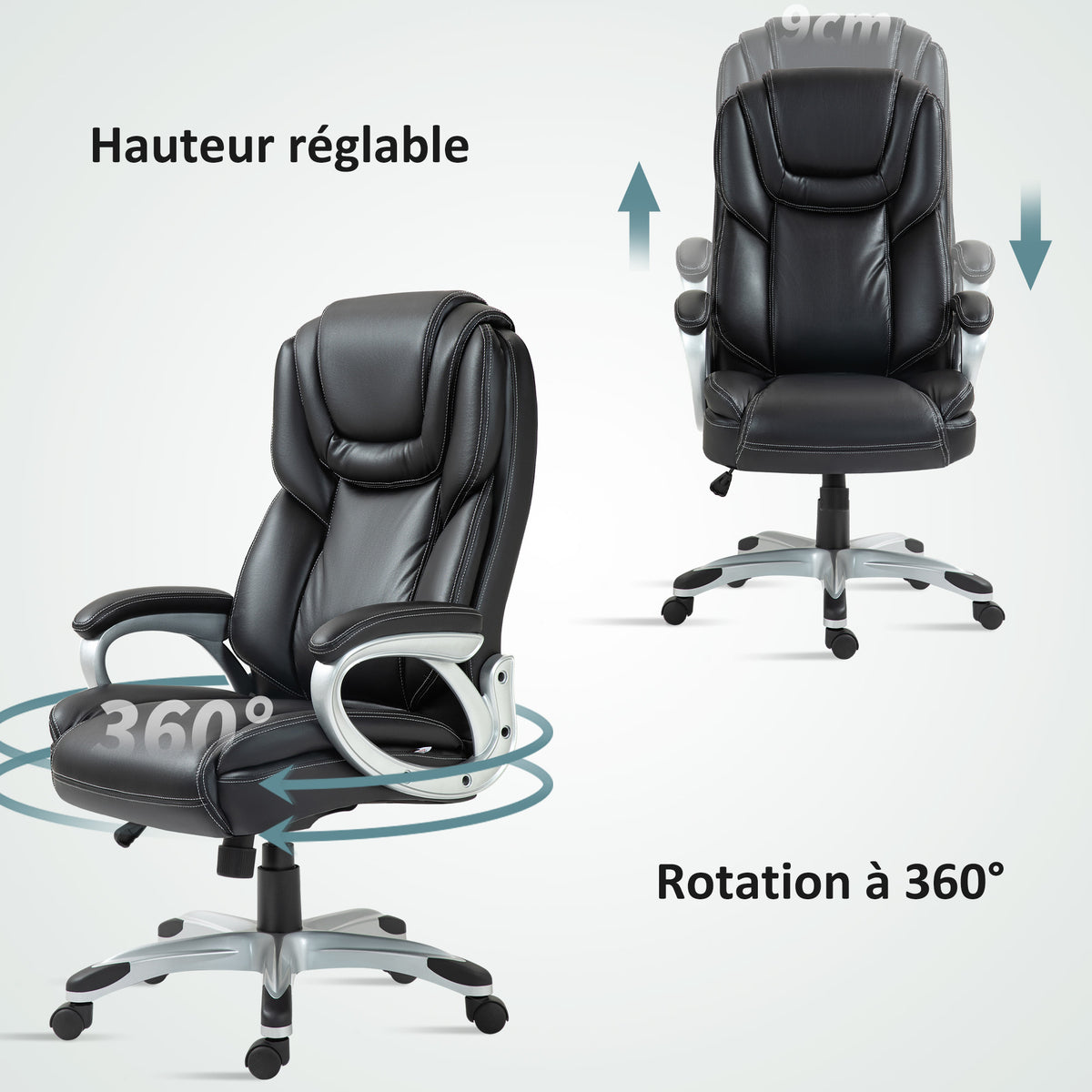 Chaise de bureau fauteuil de bureau avec fonction bascule roulettes pivotantes 360° 66 x 75,5 x 115,5-124,5 cm noir