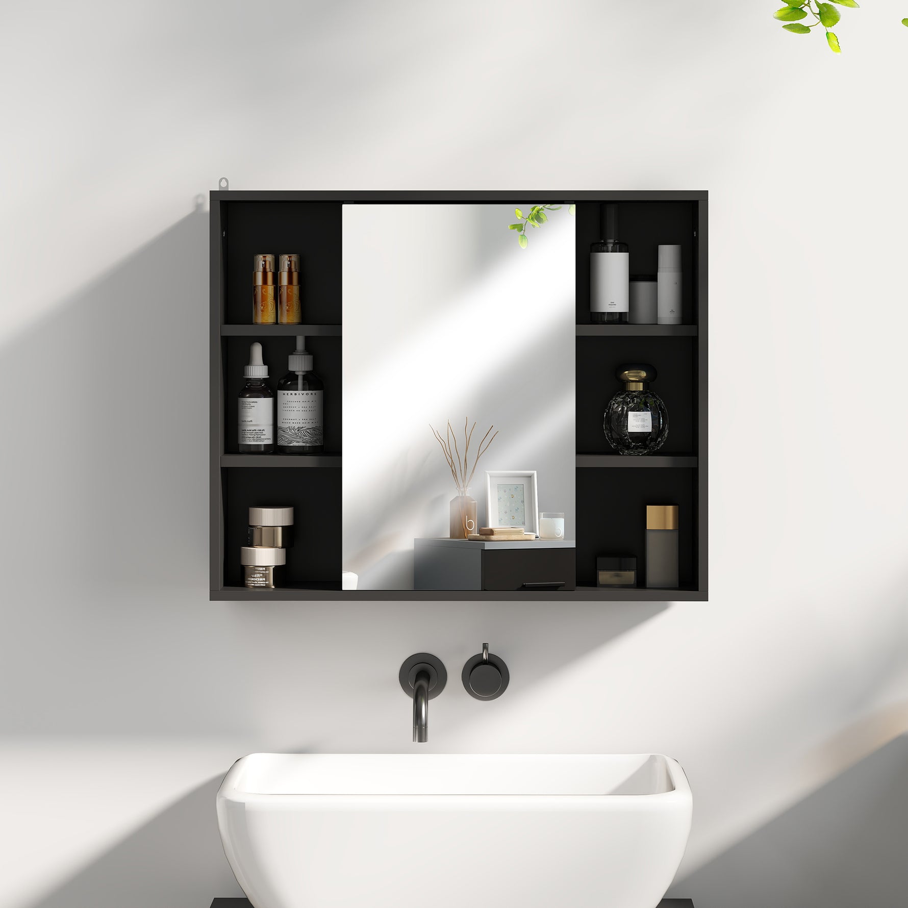 Meuble salle de bain avec miroir, placard à portes et 6 compartiments ouverts, 60 x 14,5 x 49,4 cm, noir