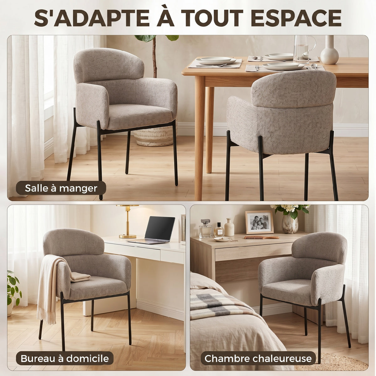 Fauteuil Salon, Fauteuil d'Appoint Rembourré en Chenille avec Dossier Courbé et Accoudoirs, Pieds en Métal, Marron Clair
