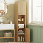 Armoire salle de bain haute, meuble de rangement colonne 6 niveaux 2 portes et étagères réglables, 40x31x182cm, chêne