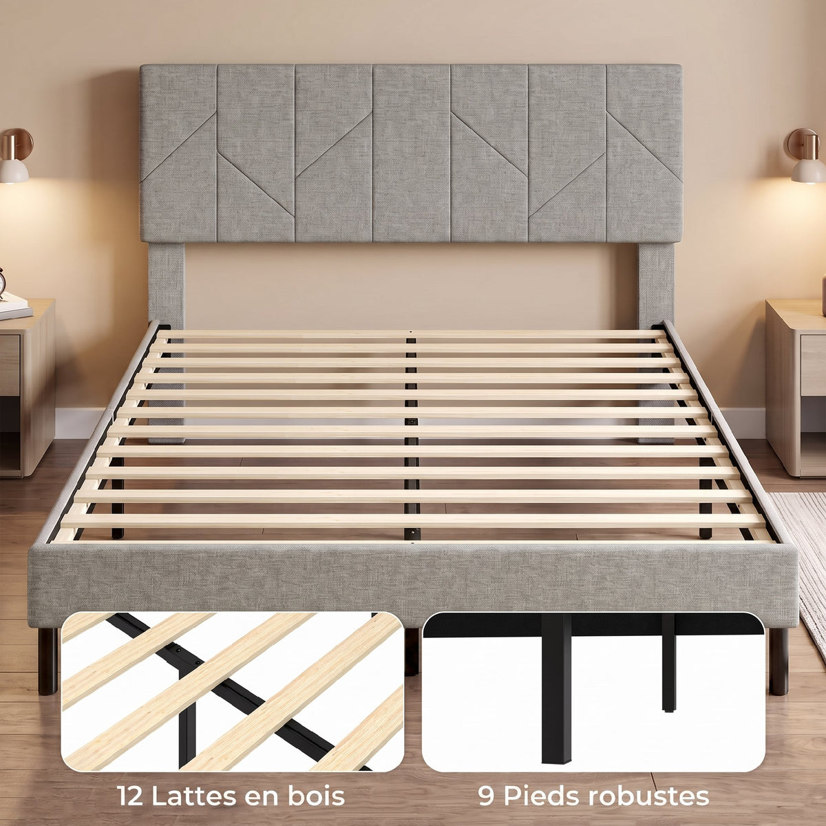 Cadre de Lit 140 x 190 cm avec Sommier et Tête Réglable, Lit Double Rembourré en Lin, Rangement au-dessous, Gris