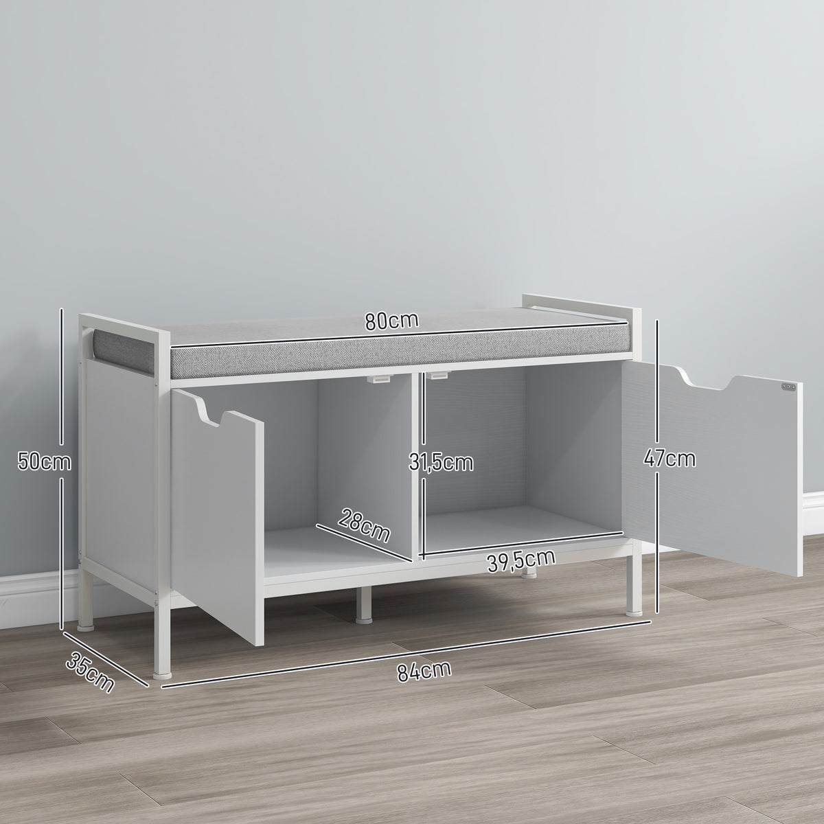 Banc meuble à chaussures, 2 placards, meuble d'entrée avec coussin rembourrée, 84l x 35P x 50H cm, blanc