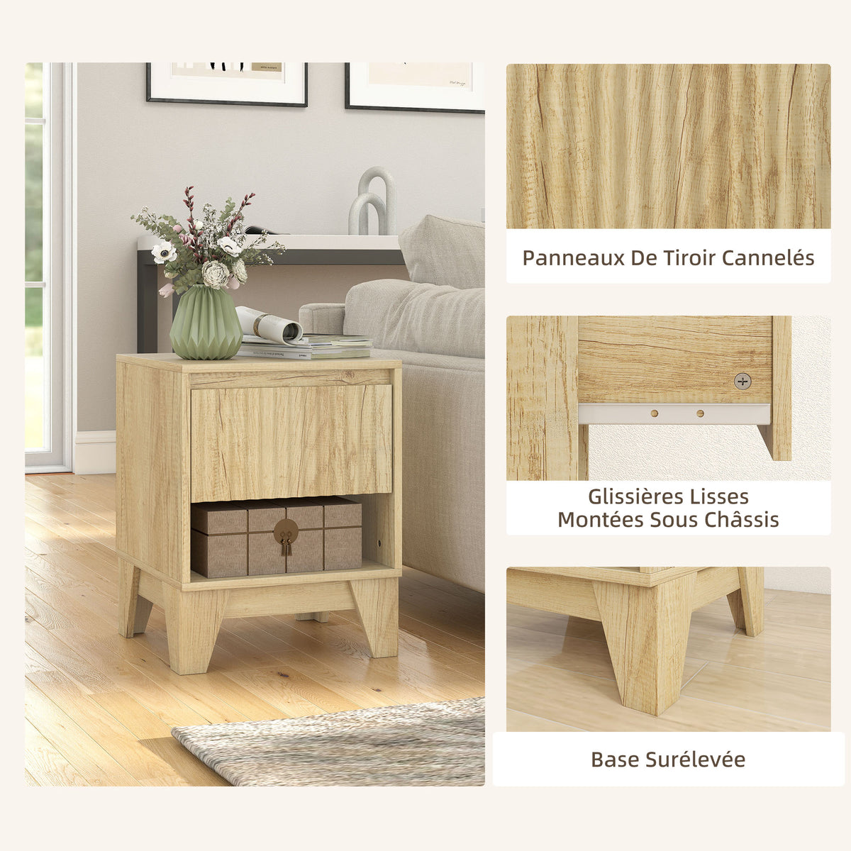 Lot de 2 tables de chevet étroite, table d'appoint compartiment ouvert 1 tiroir, panneaux cannelés 43x40x55cm naturel